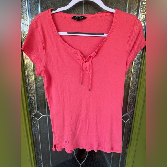 Lauren Ralph Lauren Tops - Large Ralph Lauren Pink Ribbed Baby Doll Tie V Neck Fitted Tee Cotton Y2K Cap